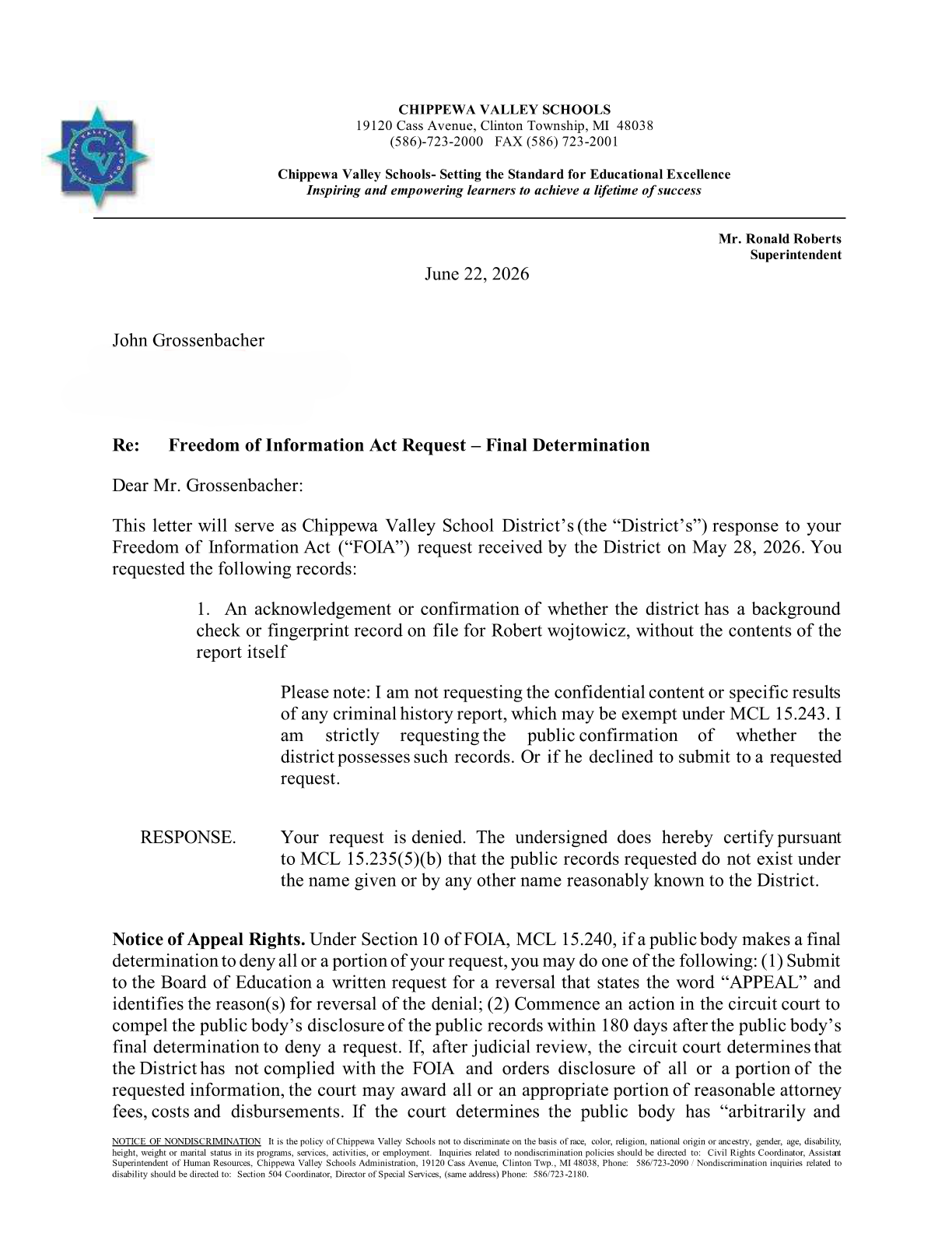 Freedom of Information Act request to Chippewa Valley Schools seeking background check and fingerprint records for Robert Wojtowicz